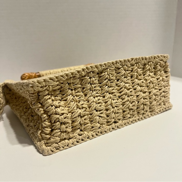 Fossil Embroidered Floral Wicker Grass Straw Wood Handles Bag Tropical Vacation - Picture 6 of 14